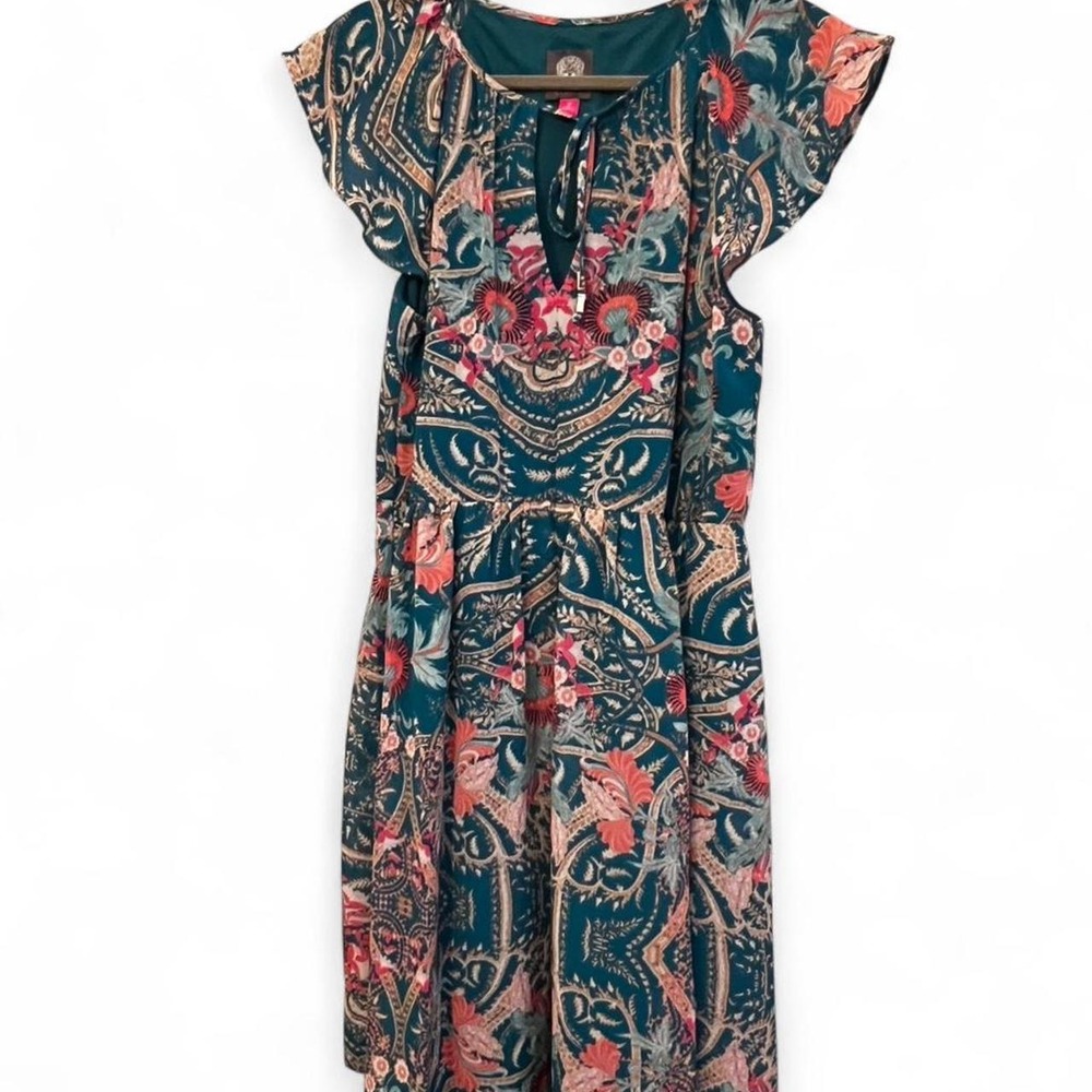 Vince Camuto Teal Pink Peach Floral Short Sleeve Dress Women's 12 Wedding Chic